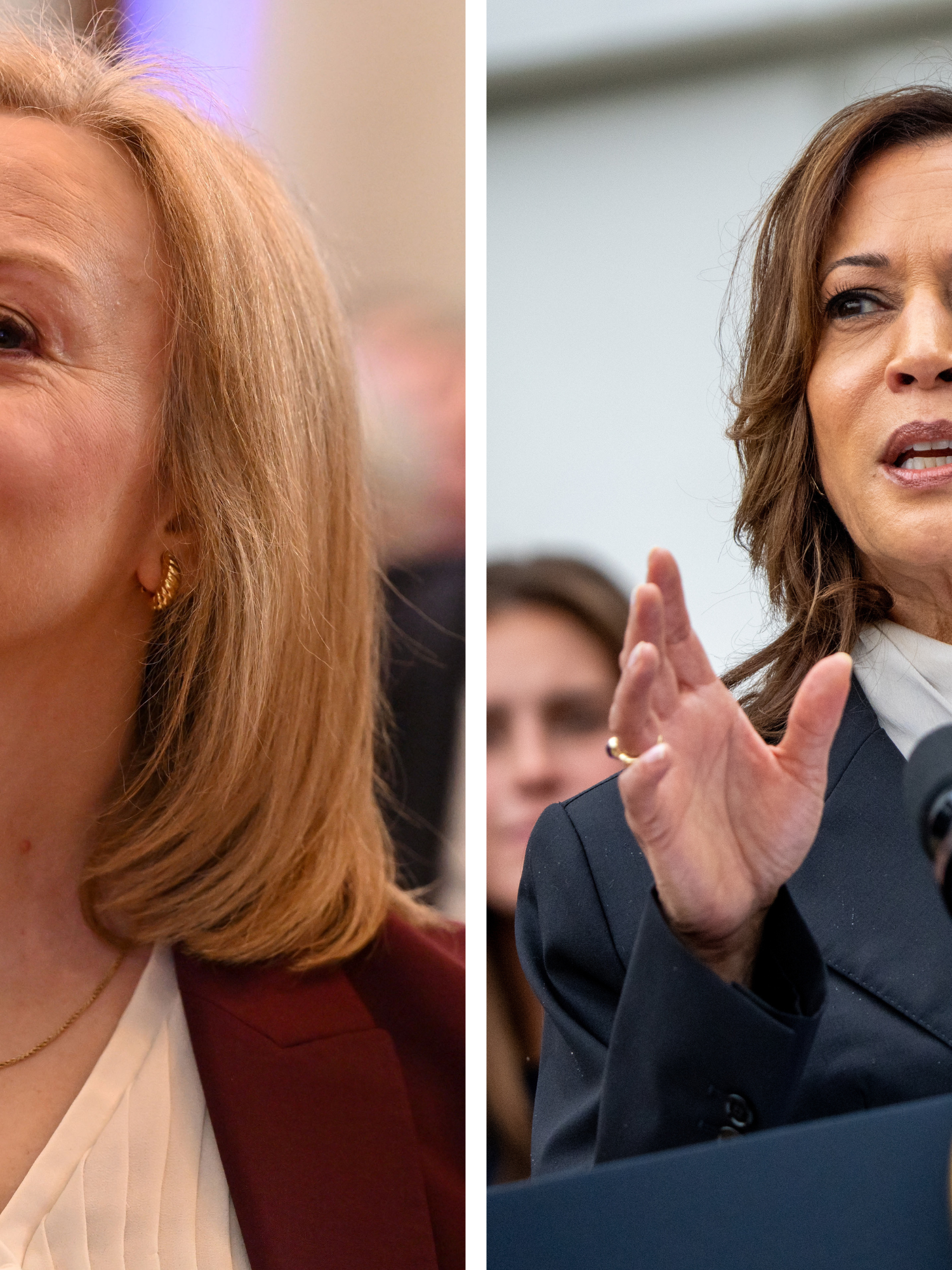 Left, Liz Truss turns her head to the right while smiling and looking straight ahead. Right, Kamala Harris delivers a speech behind a blue lectern with the Vice President of the United States insignia on it.