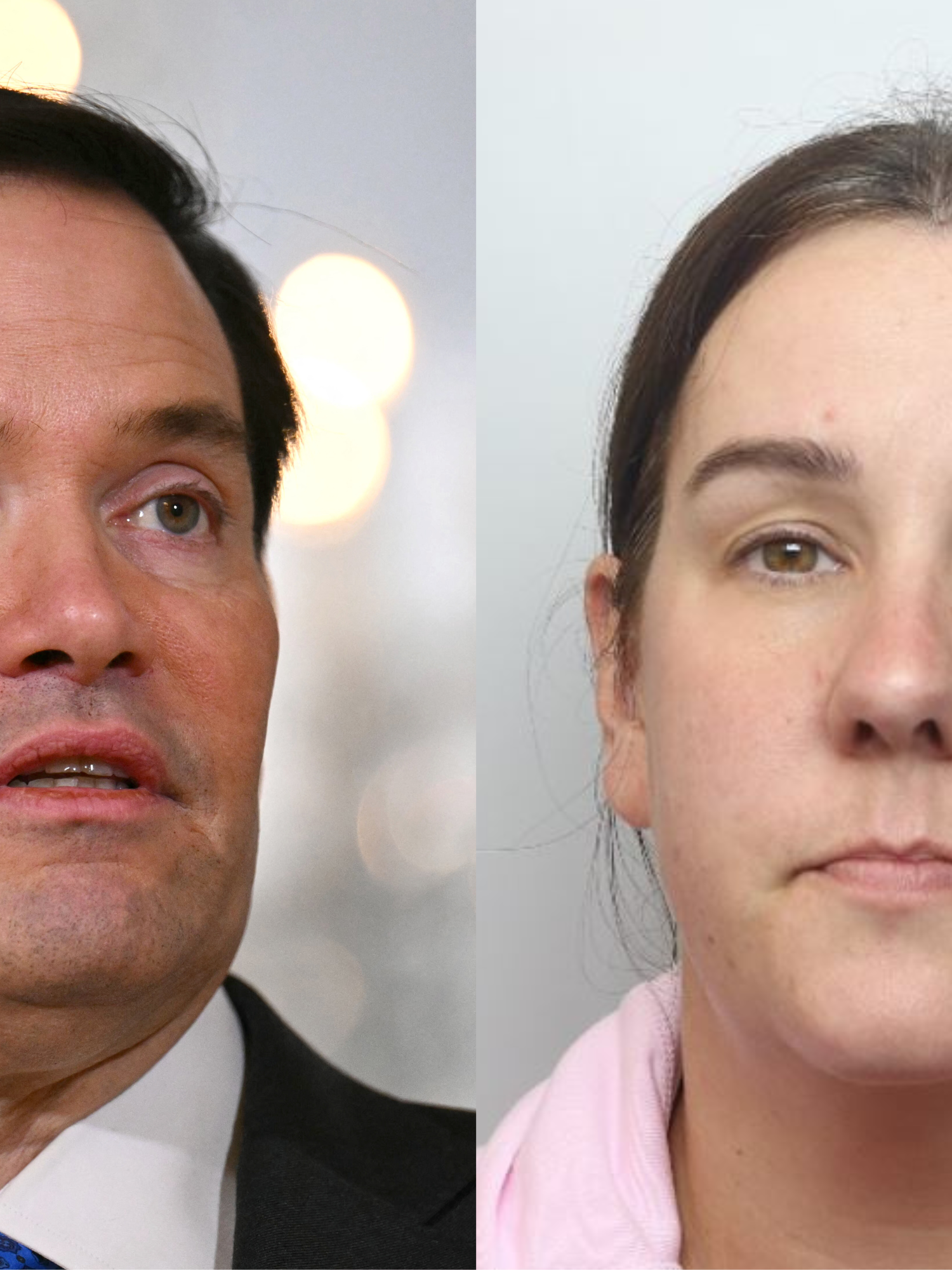 Left, Marco Rubio, a white man with short black hair. Right, the mugshot of Lucy Connolly, a white woman with short brown hair and a pink jumper.