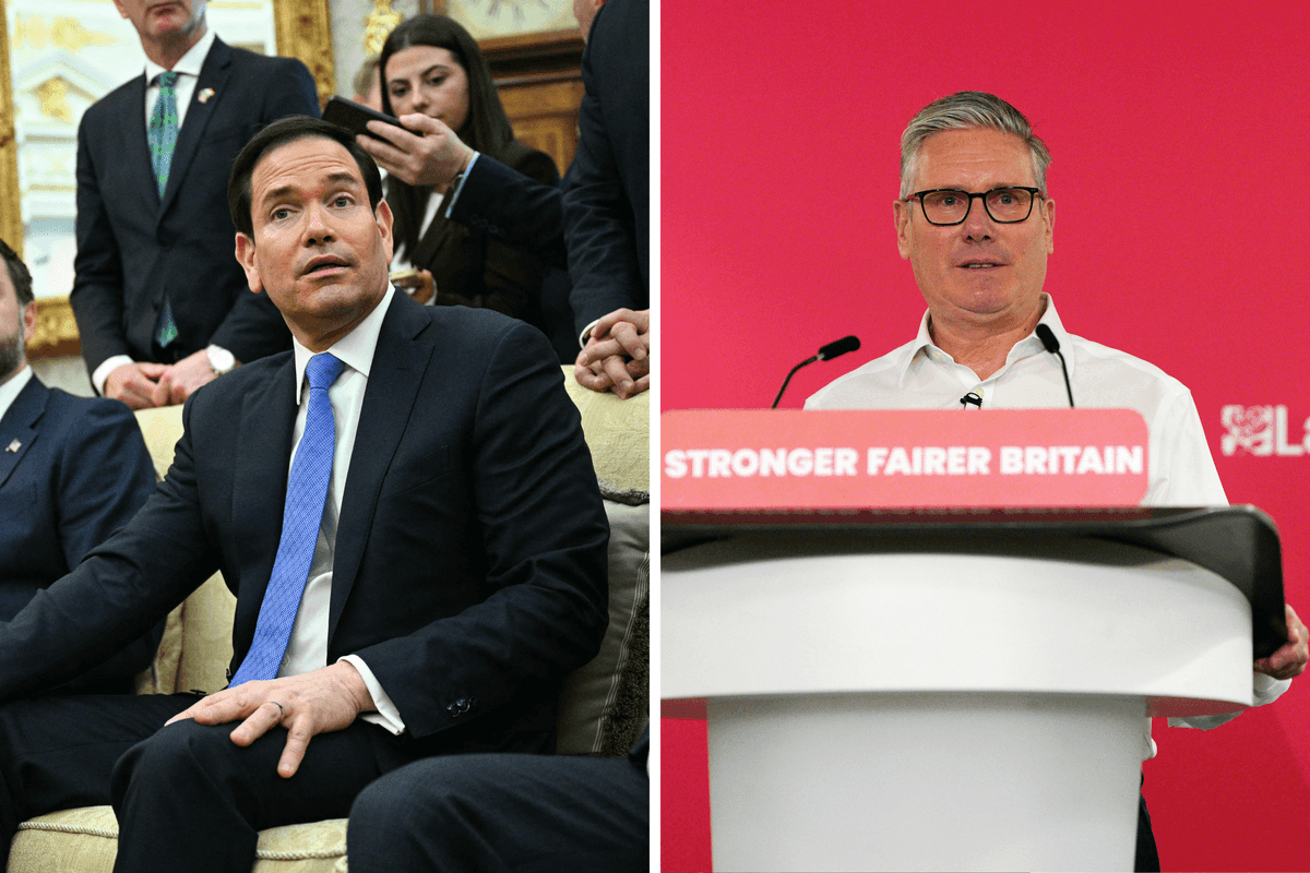 Left, Marco Rubio sitting on a sofa in the Oval Office. Right, Keir Starmer speaking behind a lectern which reads 'Stronger fairer Britain'.