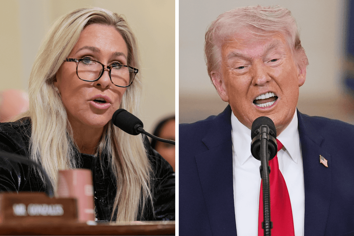 Left, Marjorie Taylor Greene. Right, Donald Trump. They are both speaking into microphones.
