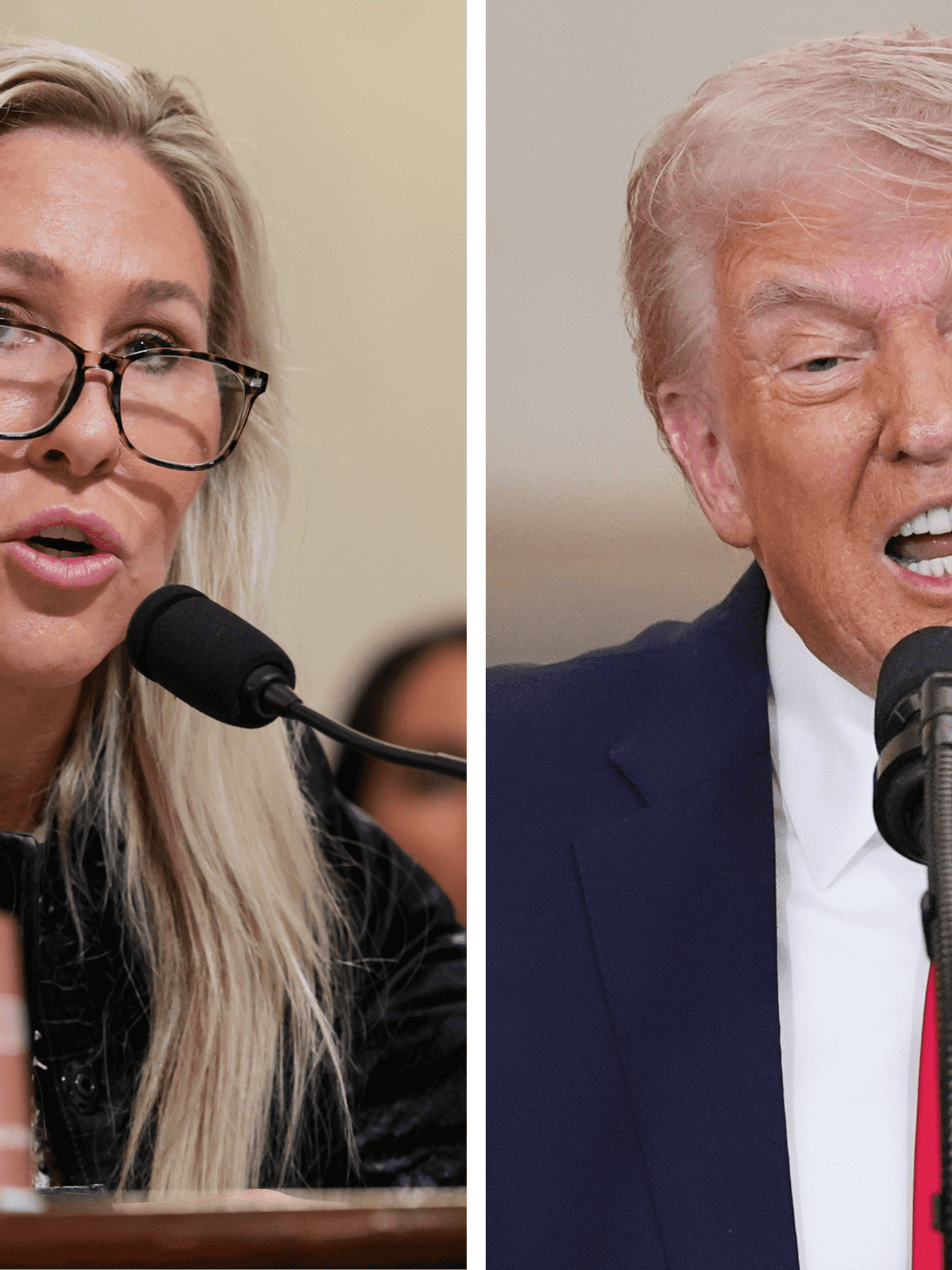 Left, Marjorie Taylor Greene. Right, Donald Trump. They are both speaking into microphones.