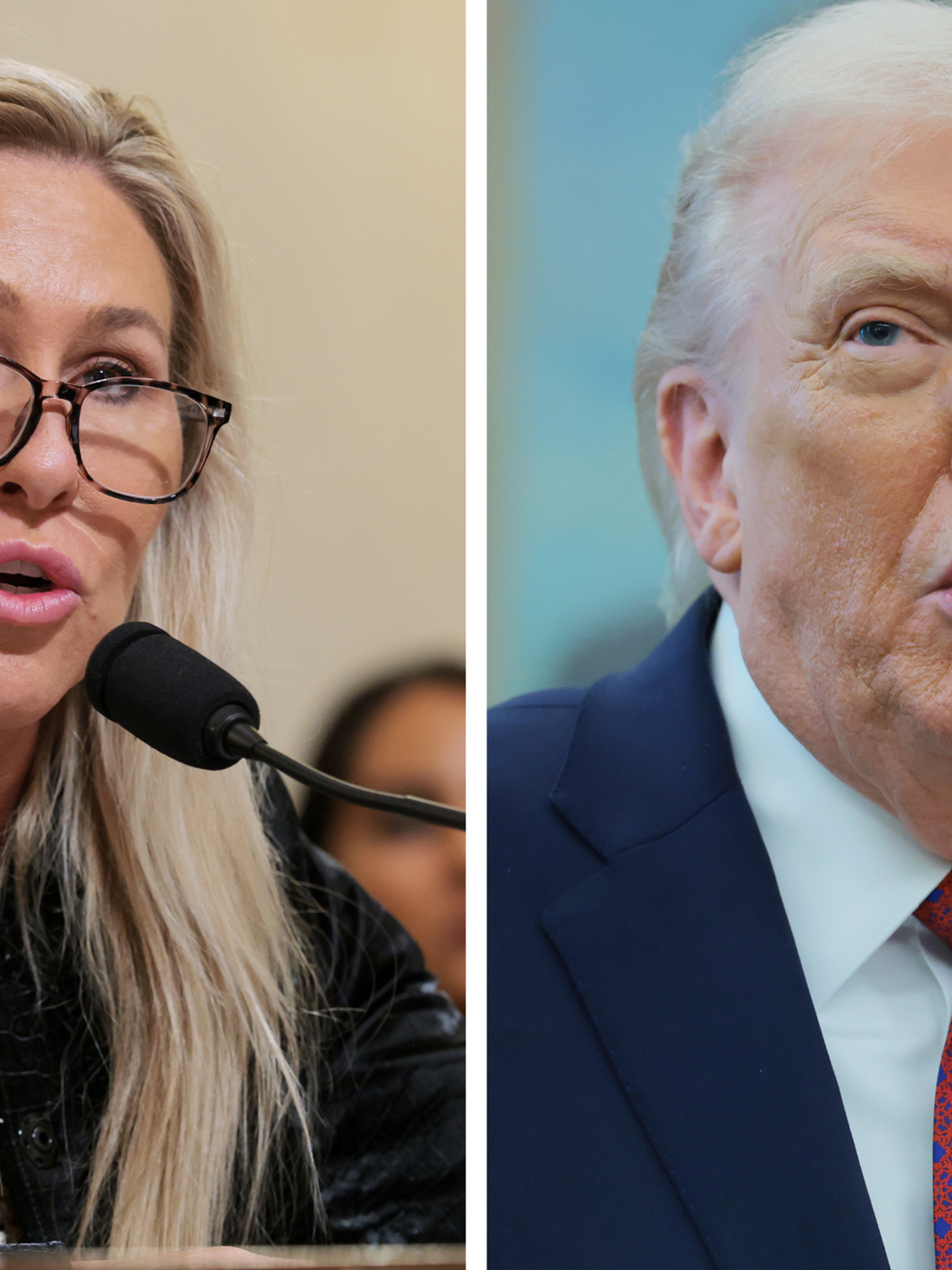 Left, Marjorie Taylor Greene. Right, Donald Trump.