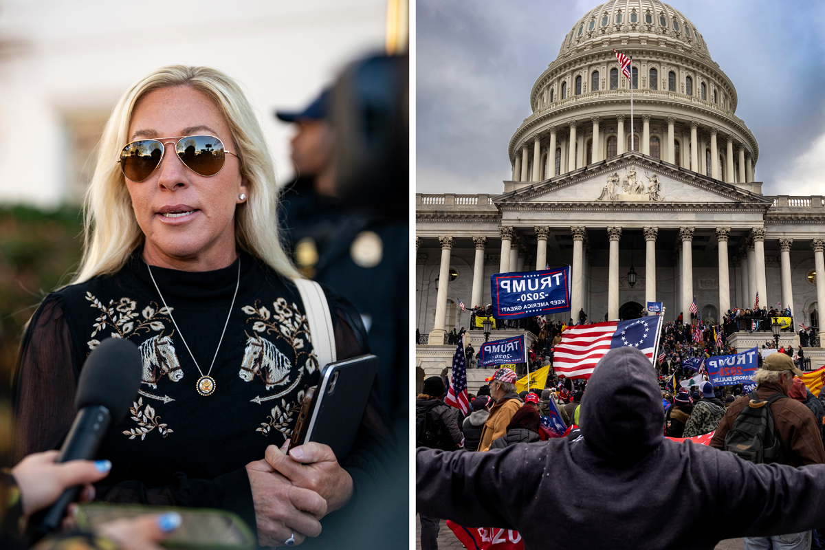 Left, Marjorie Taylor Greene talks to reporters. Right, Trump supporters with blue Trump flags gather outside the Capitol building.