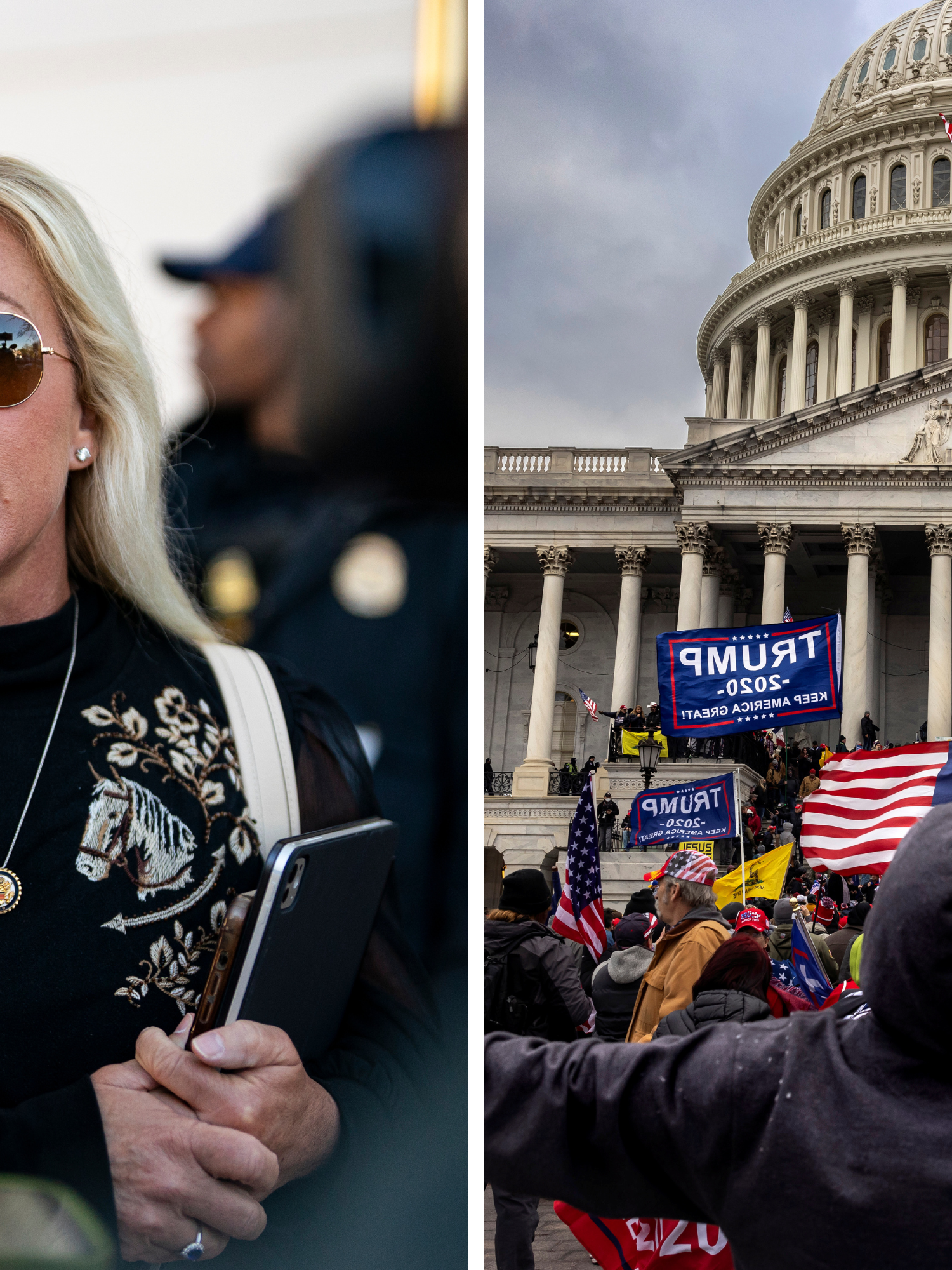 Left, Marjorie Taylor Greene talks to reporters. Right, Trump supporters with blue Trump flags gather outside the Capitol building.