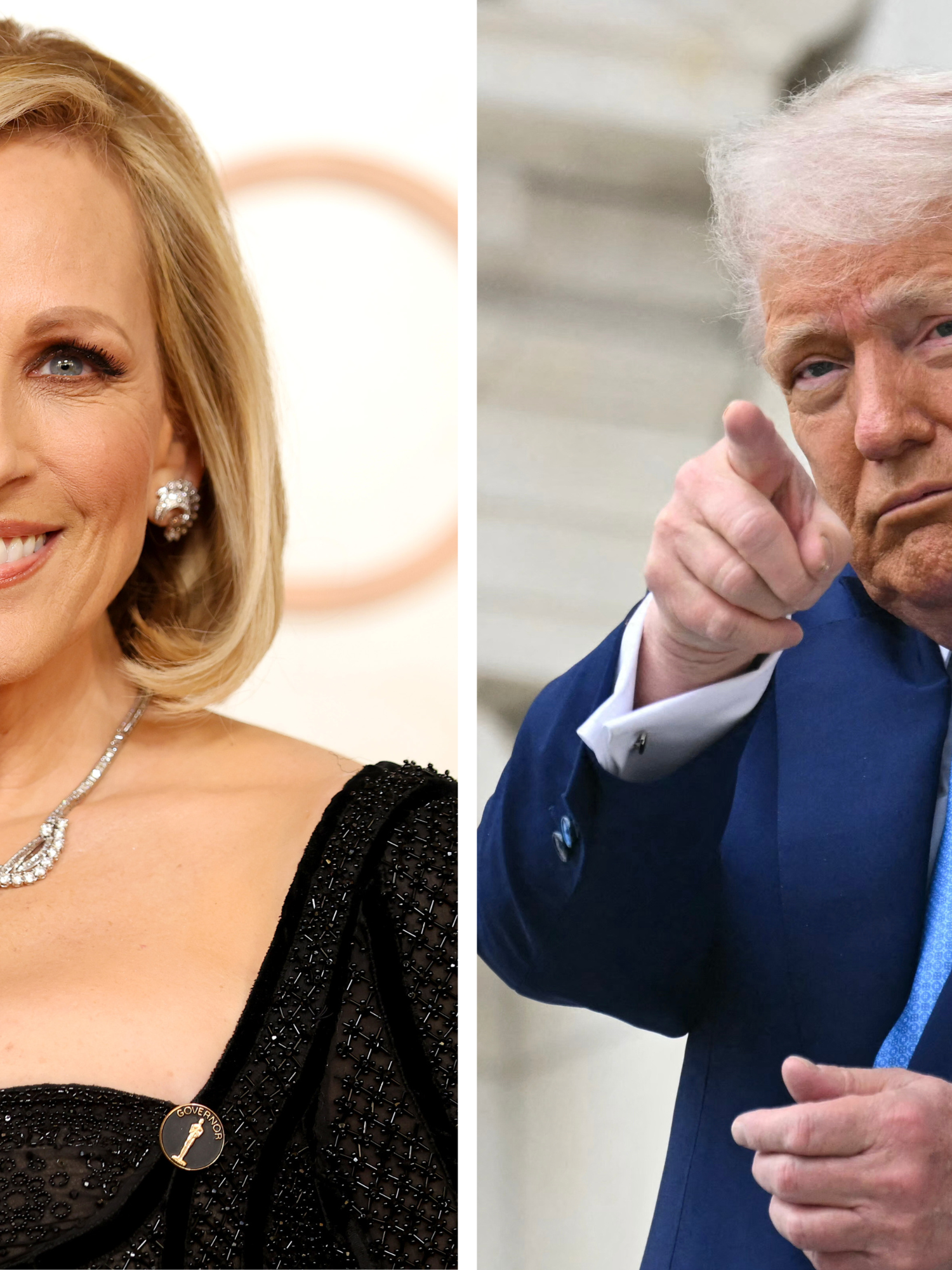 Left, Marlee Matlin, a white woman with short blonde hair, at the Oscars. Right, Donald Trump, a white man with short white hair and a blue suit, smiles and points at the camera.
