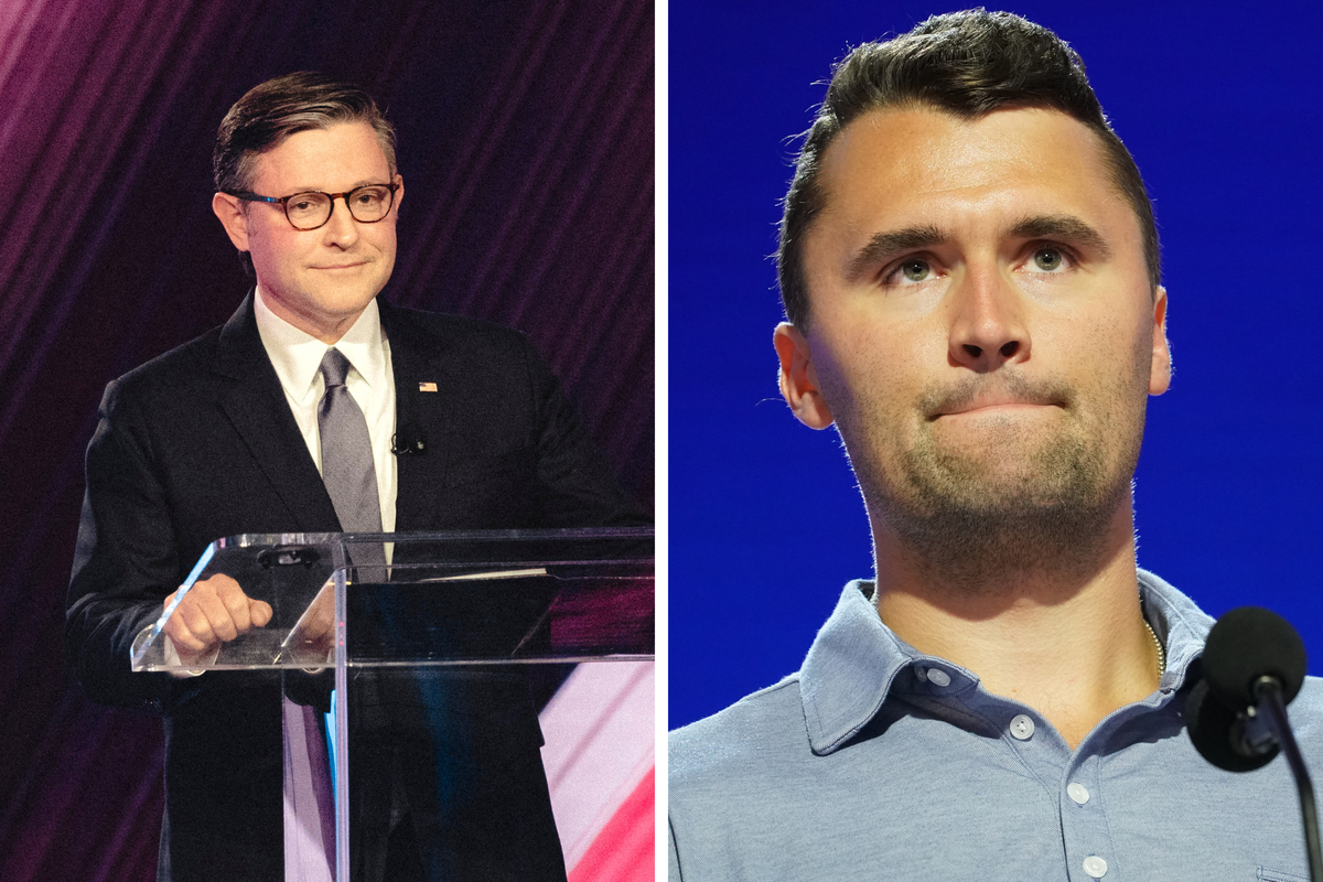 Left, Mike Johnson speaking behind a clear lectern. Right, Charlie Kirk.