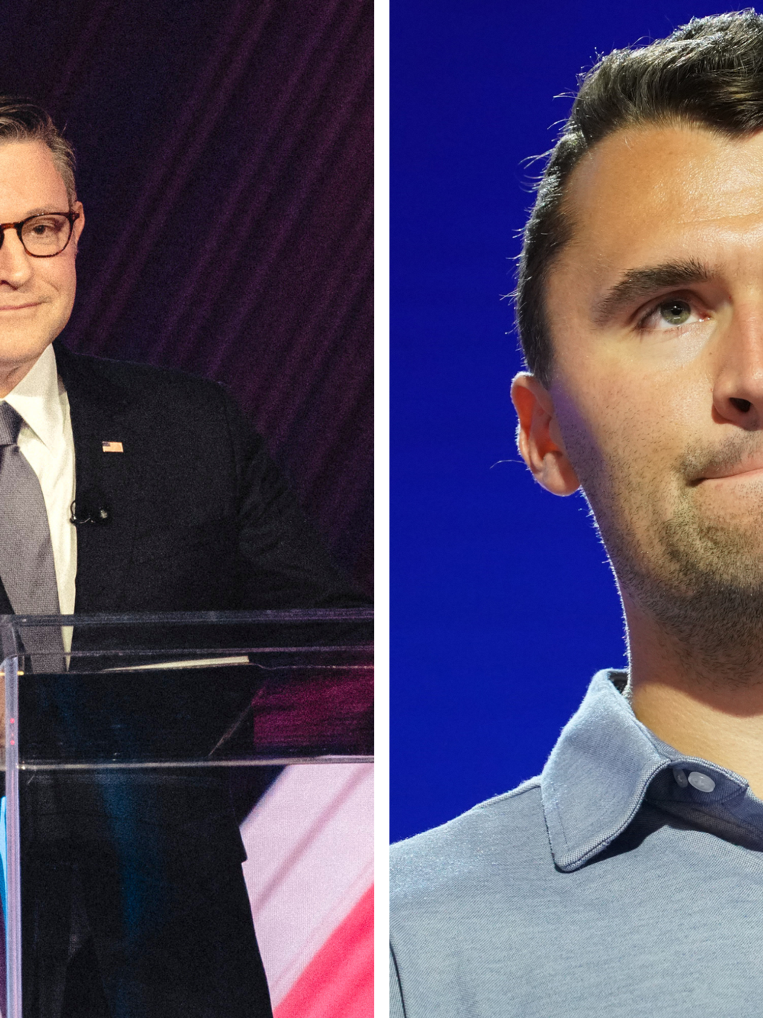 Left, Mike Johnson speaking behind a clear lectern. Right, Charlie Kirk.