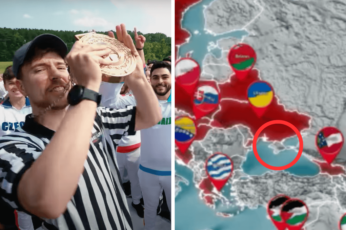 Left, MrBeast, a bearded white man in a black and white striped shirt and grey cap, holds up a giant gold medal with a number of people behind him in the background. Right, a map of the world zoomed in on Ukraine, which is in red, but Crimea is in grey and circled.