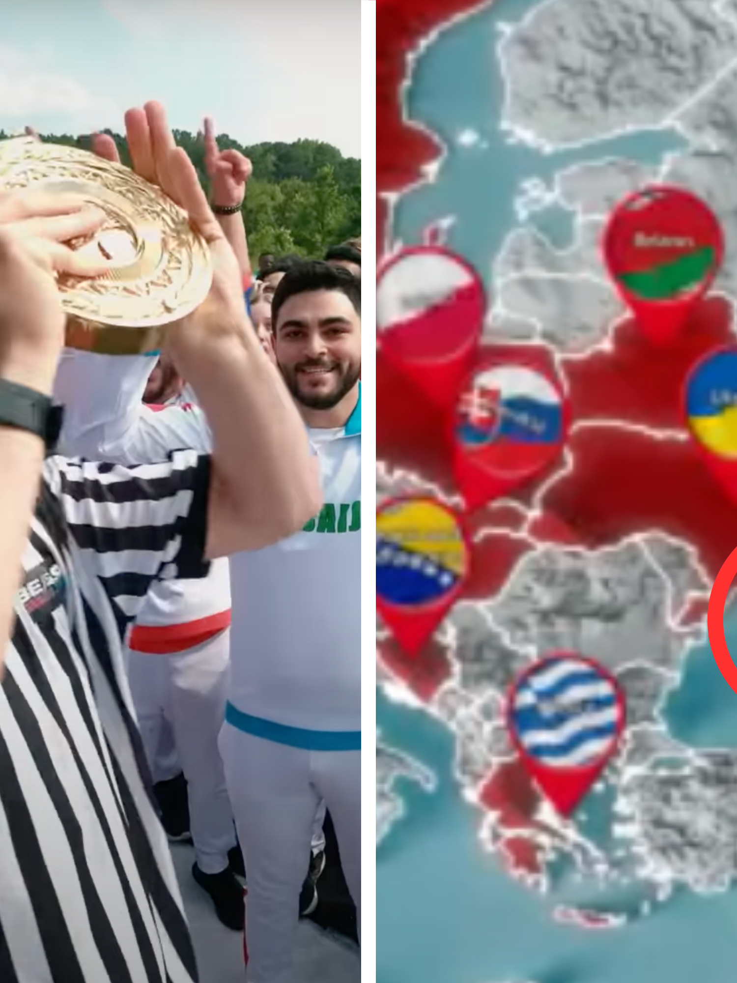 Left, MrBeast, a bearded white man in a black and white striped shirt and grey cap, holds up a giant gold medal with a number of people behind him in the background. Right, a map of the world zoomed in on Ukraine, which is in red, but Crimea is in grey and circled.