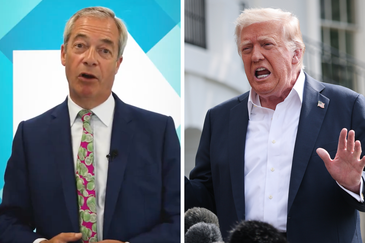 Left, Nigel Farage, a white man in a blue suit and patterned green and pink tie, talks to the camera. Right, Donald Trump, a white man with short blonde hair and a blue suit, speaks to reporters outside.