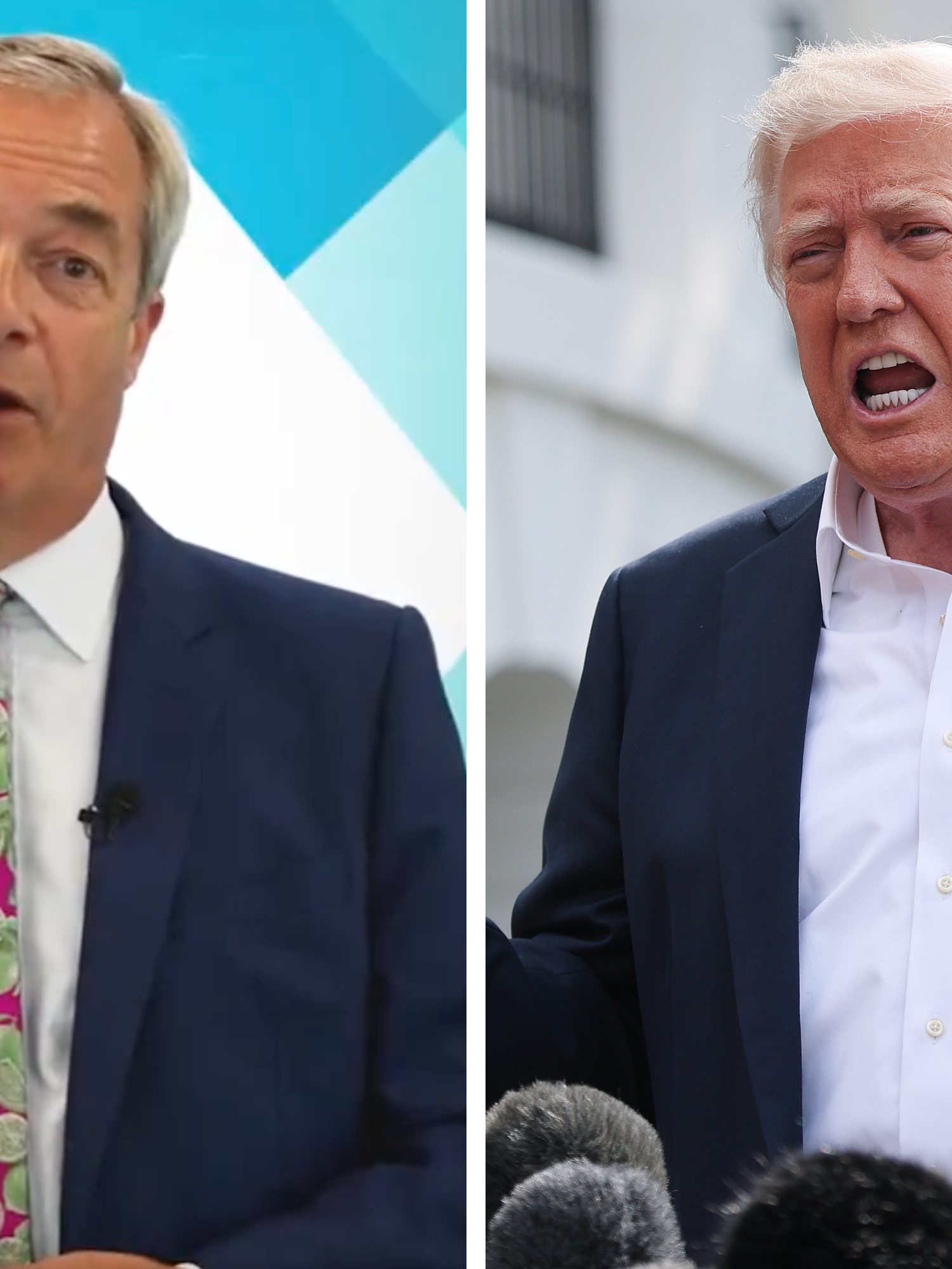 Left, Nigel Farage, a white man in a blue suit and patterned green and pink tie, talks to the camera. Right, Donald Trump, a white man with short blonde hair and a blue suit, speaks to reporters outside.