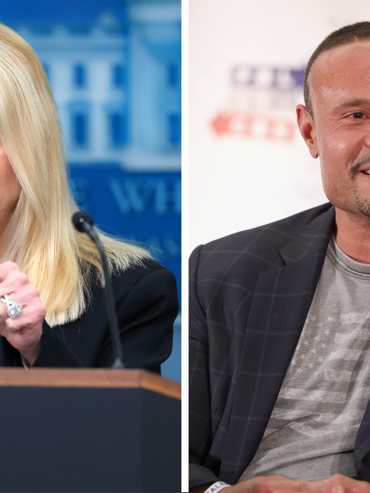 Left, Pam Bondi, a white woman with long blonde hair speaking behind the dark blue presidential lectern. Right, Dan Bongino, a bearded white man with short black hair in a black suit, smiling.