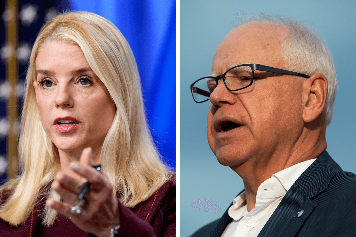 Left, Pam Bondi, a white woman with shoulder-length blonde hair. Right, Tim Walz, a white man with short grey hair and glasses.