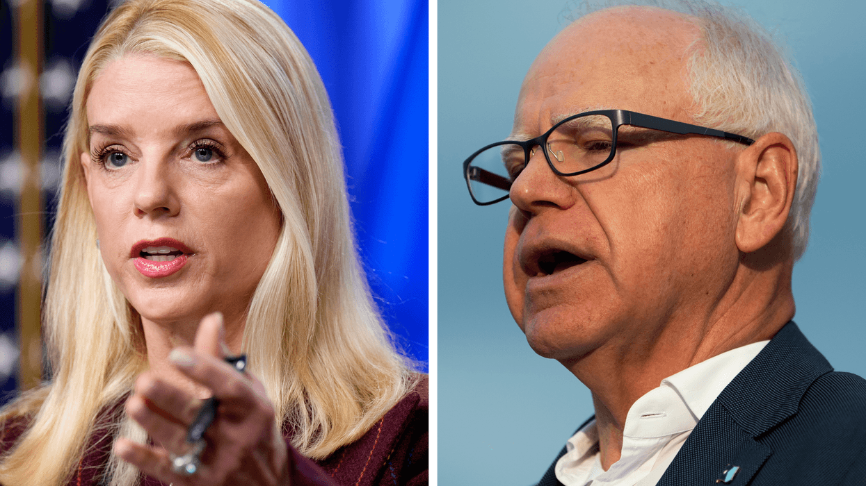 Left, Pam Bondi, a white woman with shoulder-length blonde hair. Right, Tim Walz, a white man with short grey hair and glasses.