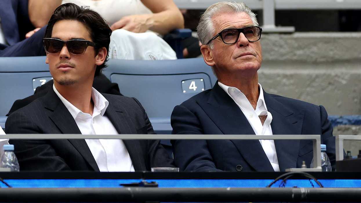 Left, Paris Brosnan, and right, Pierce Brosnan, in the crowd watching the US Open final.