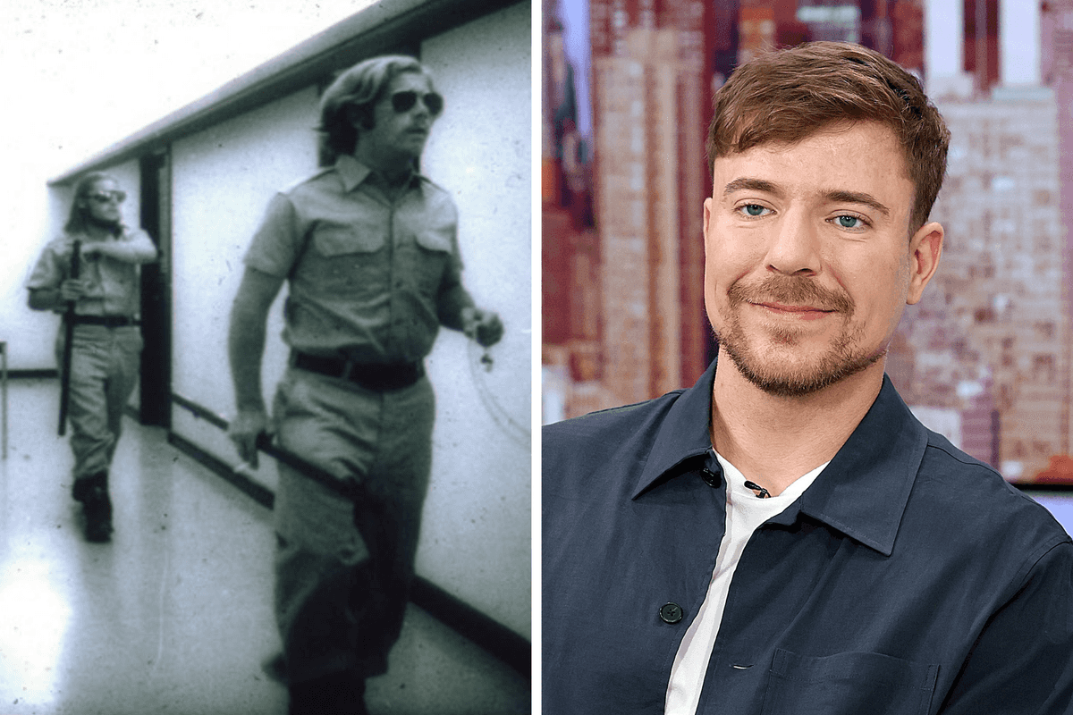 Left, participants in the Stanford Prison Experiment. Right, Jimmy Donaldson aka MrBeast.