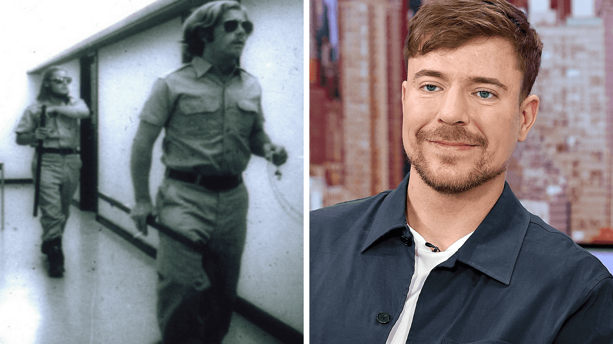 Left, participants in the Stanford Prison Experiment. Right, Jimmy Donaldson aka MrBeast.