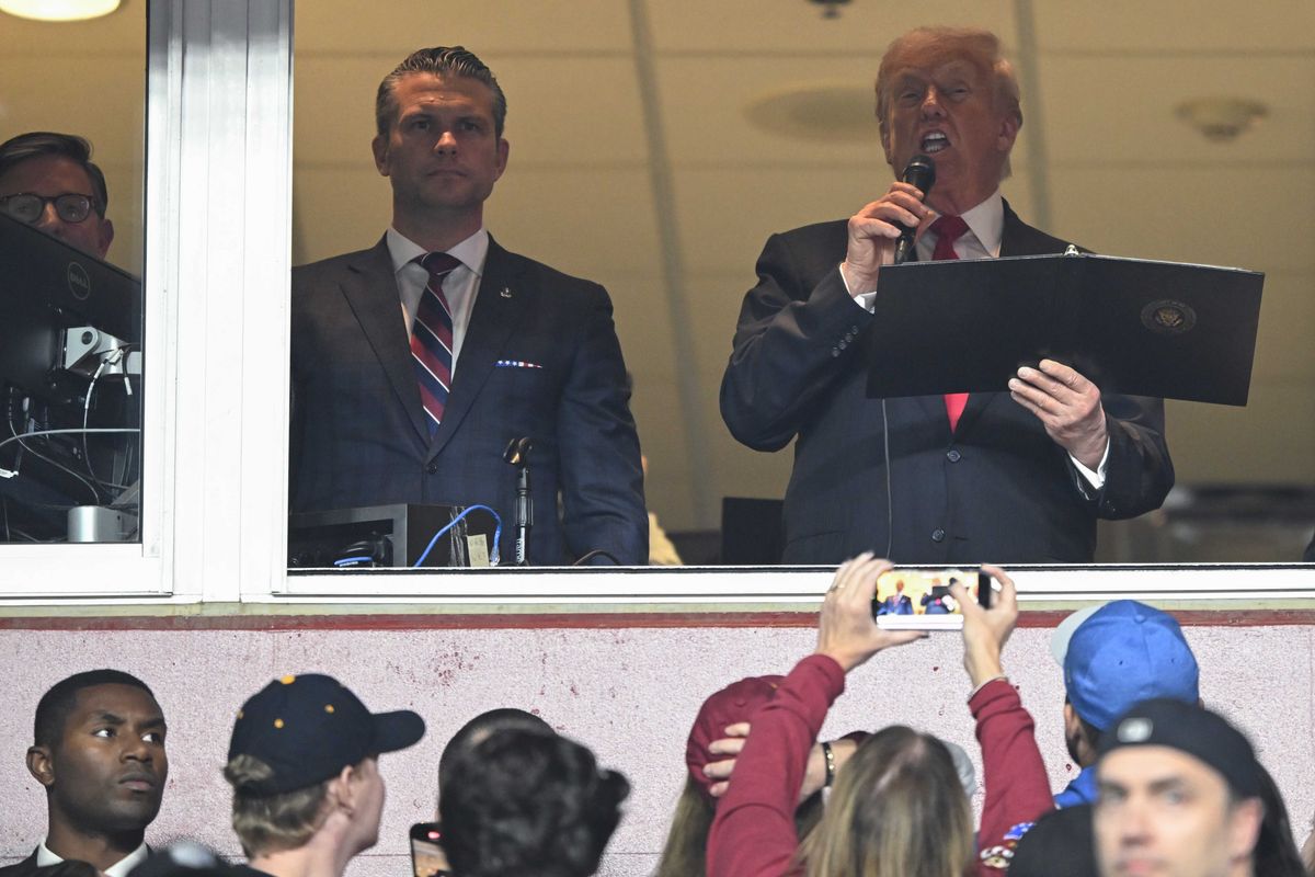 Left, Pete Hegseth, and right, Donald Trump reading from the oath of enlistment at an NFL game.