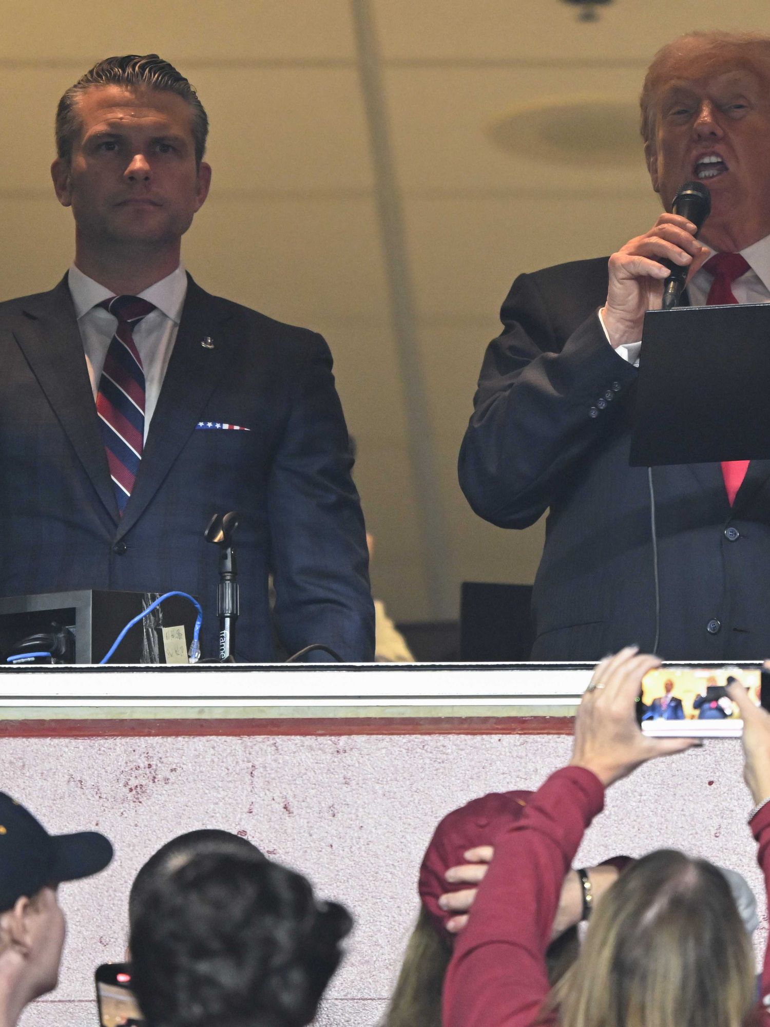 Left, Pete Hegseth, and right, Donald Trump reading from the oath of enlistment at an NFL game.