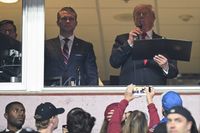 Left, Pete Hegseth, and right, Donald Trump reading from the oath of enlistment at an NFL game.
