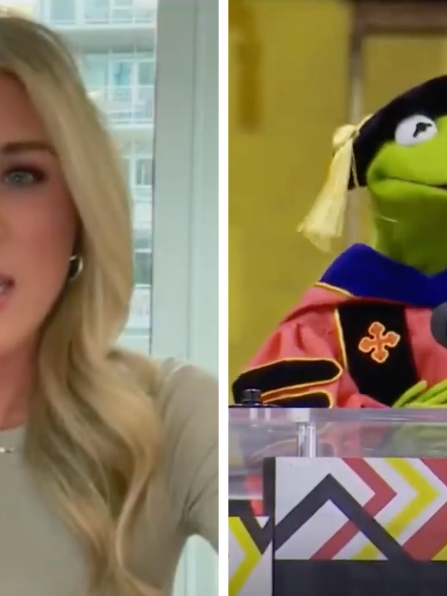 Left, Riley Gaines, a white woman with wavy blonde hair, talking to the camera. Right, Kermit the Frog standing behind a lectern, addressing a graduation ceremony.