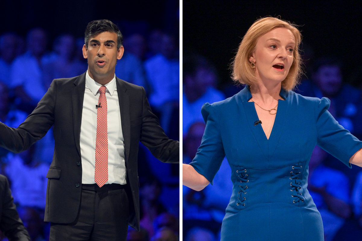 Left, Rishi Sunak, a brown man with black hair and a black suit, on a podium, addressing an audience with his arms outstretched. Right, Liz Truss, a white woman with short blonde hair and a blue playsuit, also with her arms outstretched addressing the same audience.