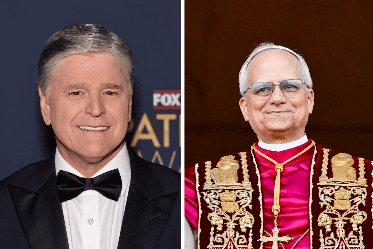 Left, Sean Hannity. Right, Pope Leo XIV.