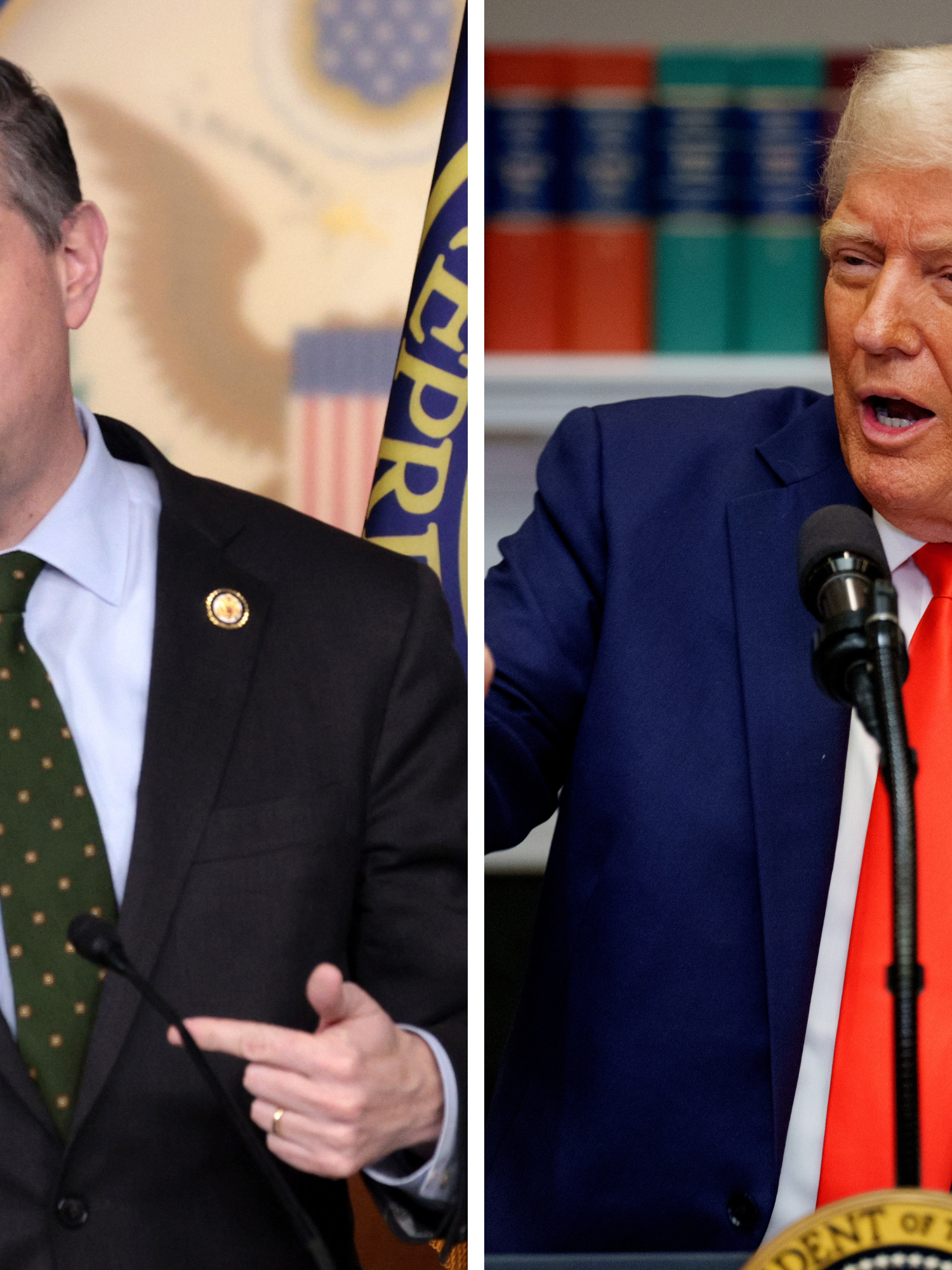 Left, Seth Magaziner. Right, Donald Trump.