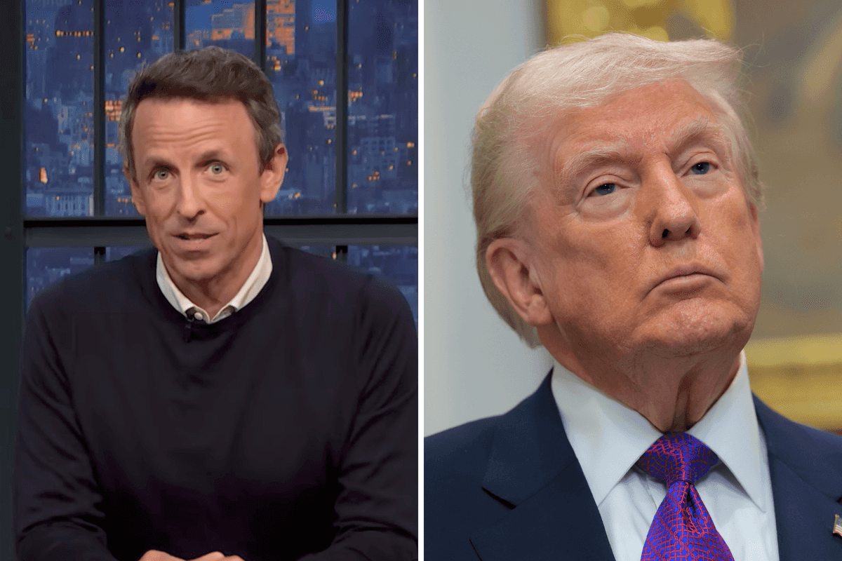 Left, Seth Meyers. Right, Donald Trump.