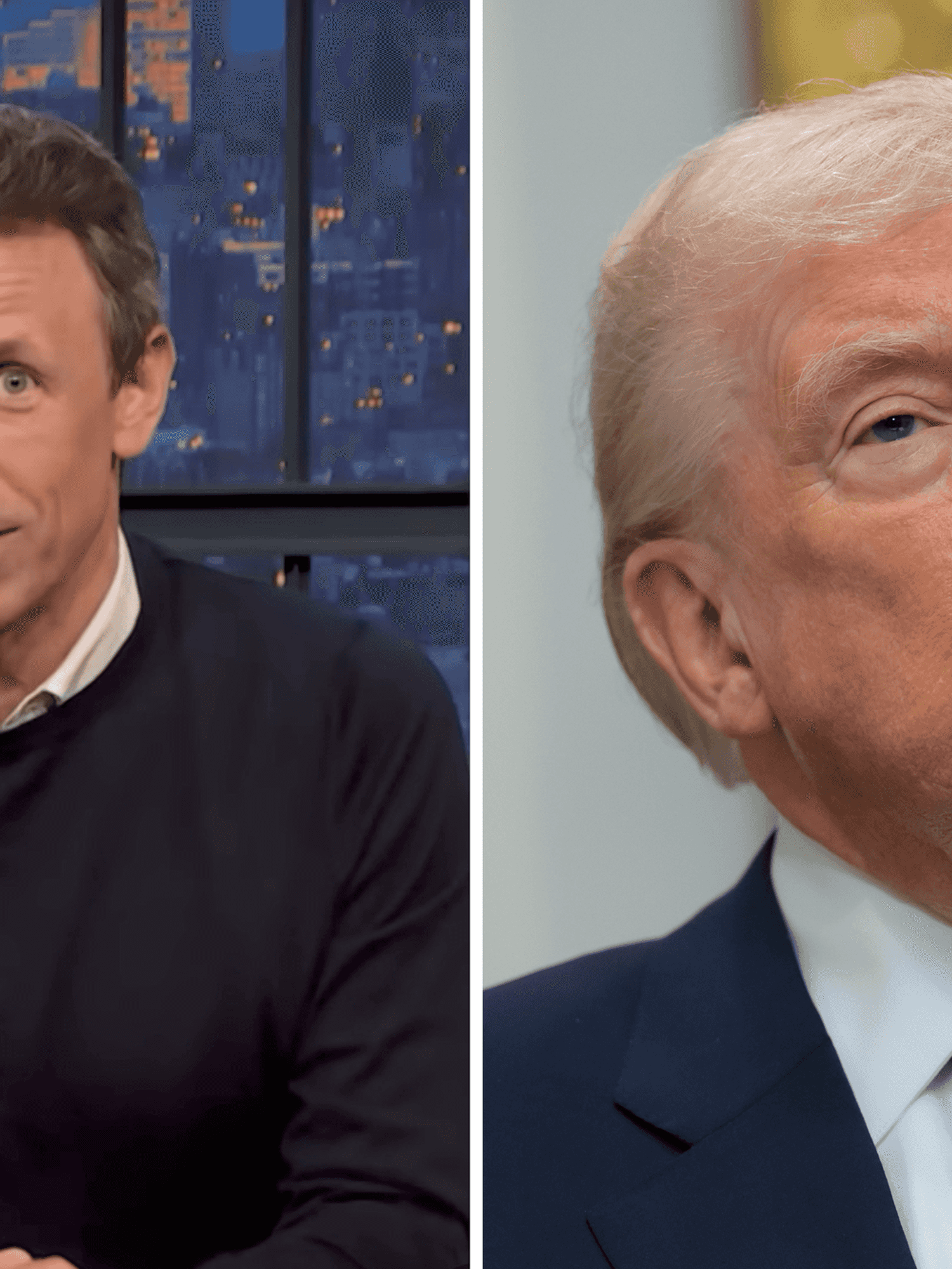 Left, Seth Meyers. Right, Donald Trump.