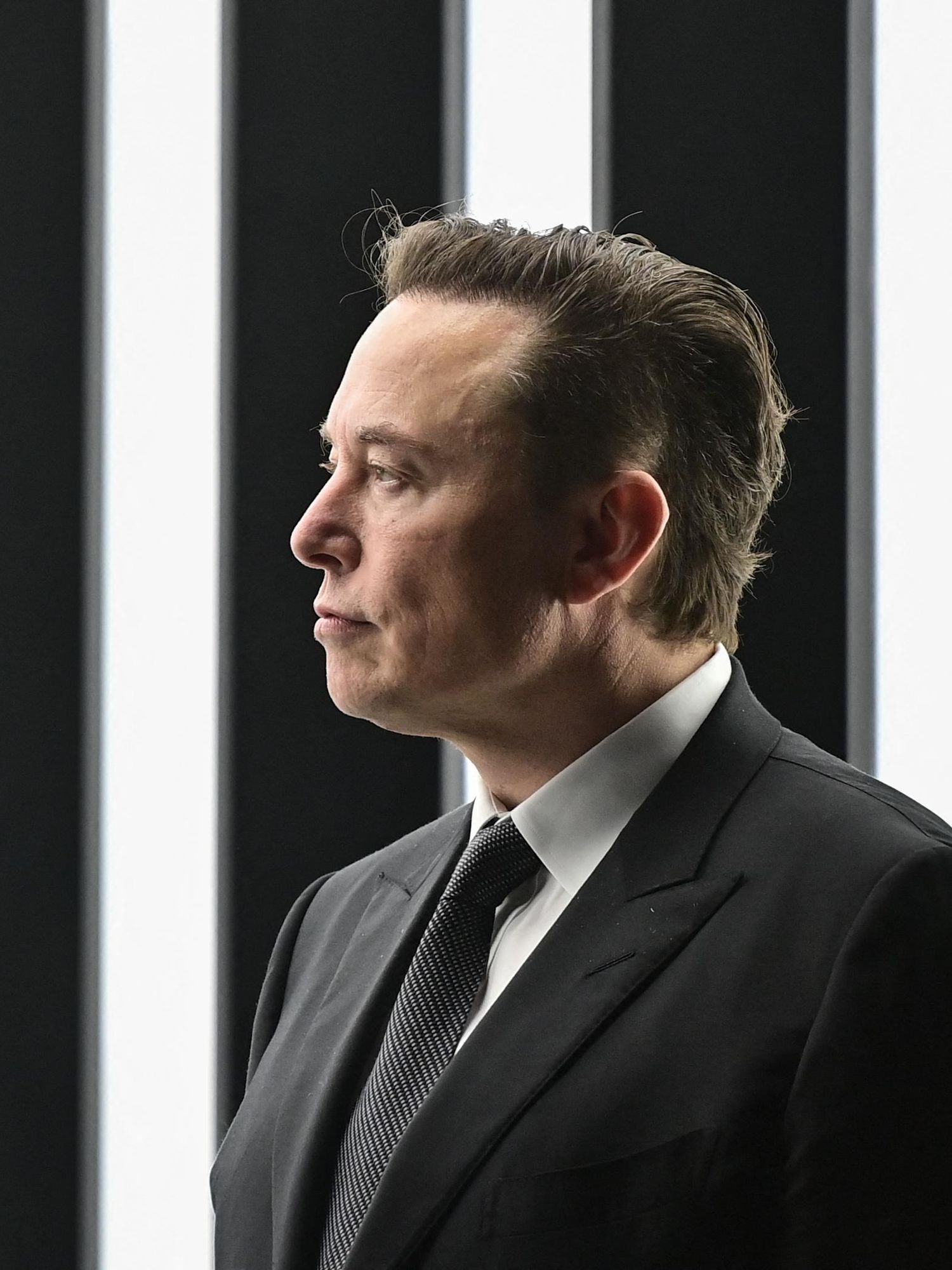 Left side profile of Elon Musk, a white man with short black hair and a black suit with a black and white striped wall behind him.