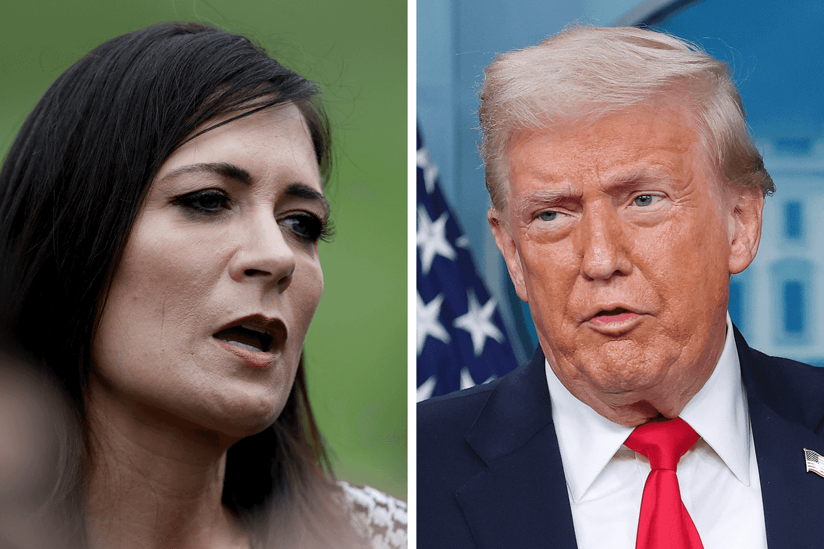 Left, Stephanie Grisham, a white woman with long black hair. Right, Donald Trump, a white man with short grey hair and a blue suit.