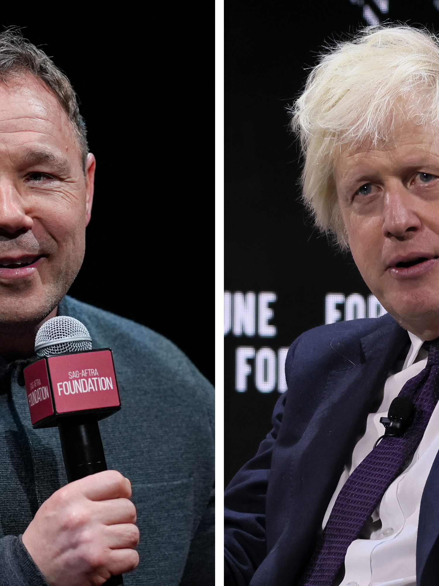 Left, Stephen Graham speaking into a microphone. Right, Boris Johnson speaking at a panel event.