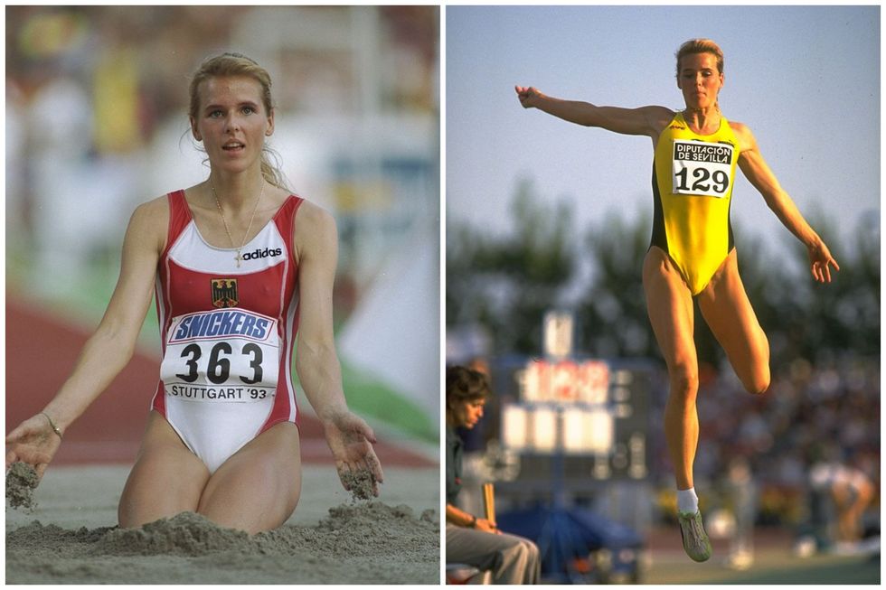 (Left) Susen Tiedtke at the 1993 World Championships in Stuttgart, Germany; (right) at the 1993 IAAF Mobil Grand Prix in Seville, Spain