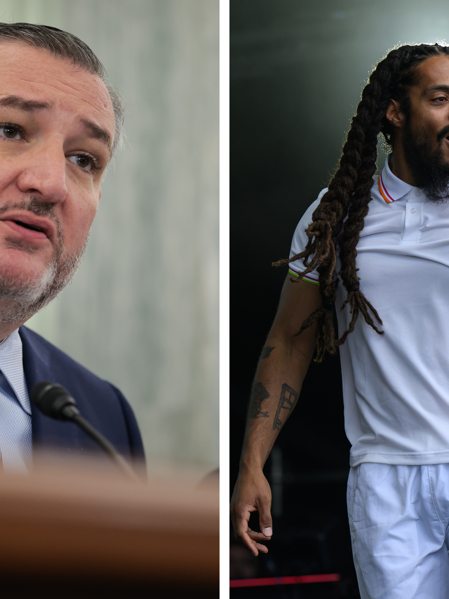 Left, Ted Cruz. Right, Bobby Vylan of Bob Vylan performing at Glastonbury Festival.