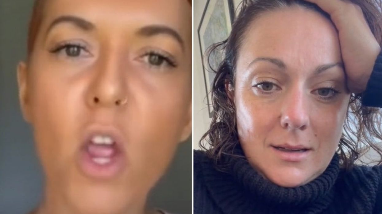 <p>(Left) The anti-vaxxer hurling abuse towards Celeste Barber (right)</p>