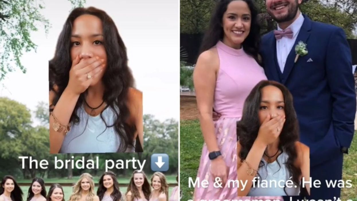 <p>(Left) The bridesmaids wore pale pink dresses (Right) Lisa, who was not a bridesmaid, wearing the same colour</p>