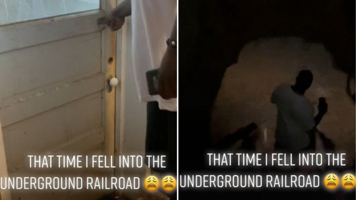 <p>(Left) The door that the TikTokers enter to discover the 30ft cave (Right)</p>