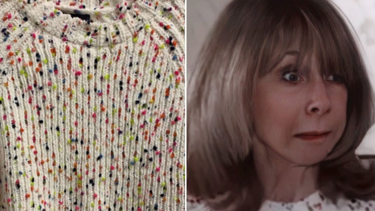 <p>(Left) The jumper that was returned (right) Gail Platt wearing the jumper during Monday’s episode of Corrie</p>