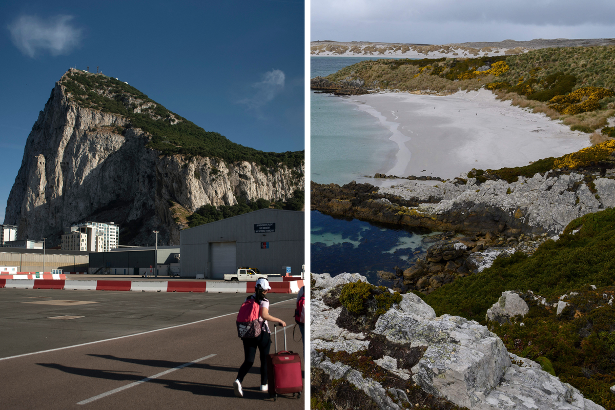 Left, the Rock of Gibraltar. Right, Gypsy Cove near Stanley in the Falkland Islands.