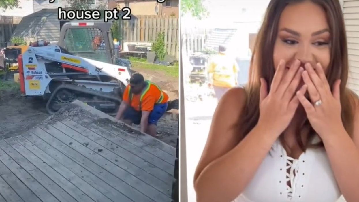 <p>(Left) The second video shows the builders with wooden decking (Right) Chloe in her third update about the confusion</p>