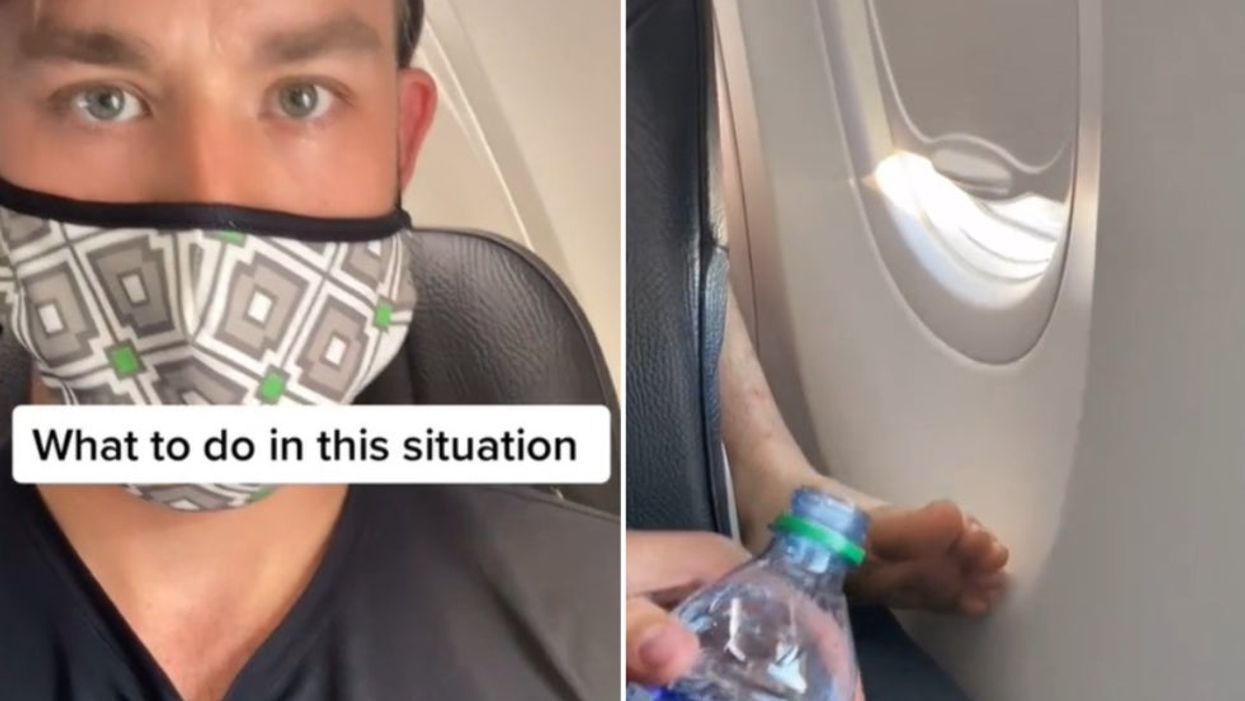 <p>(Left) The TikToker is unsure about how to move the passenger’s foot off his arm rest (Right) He decides to pour water on the foot - which works!</p>