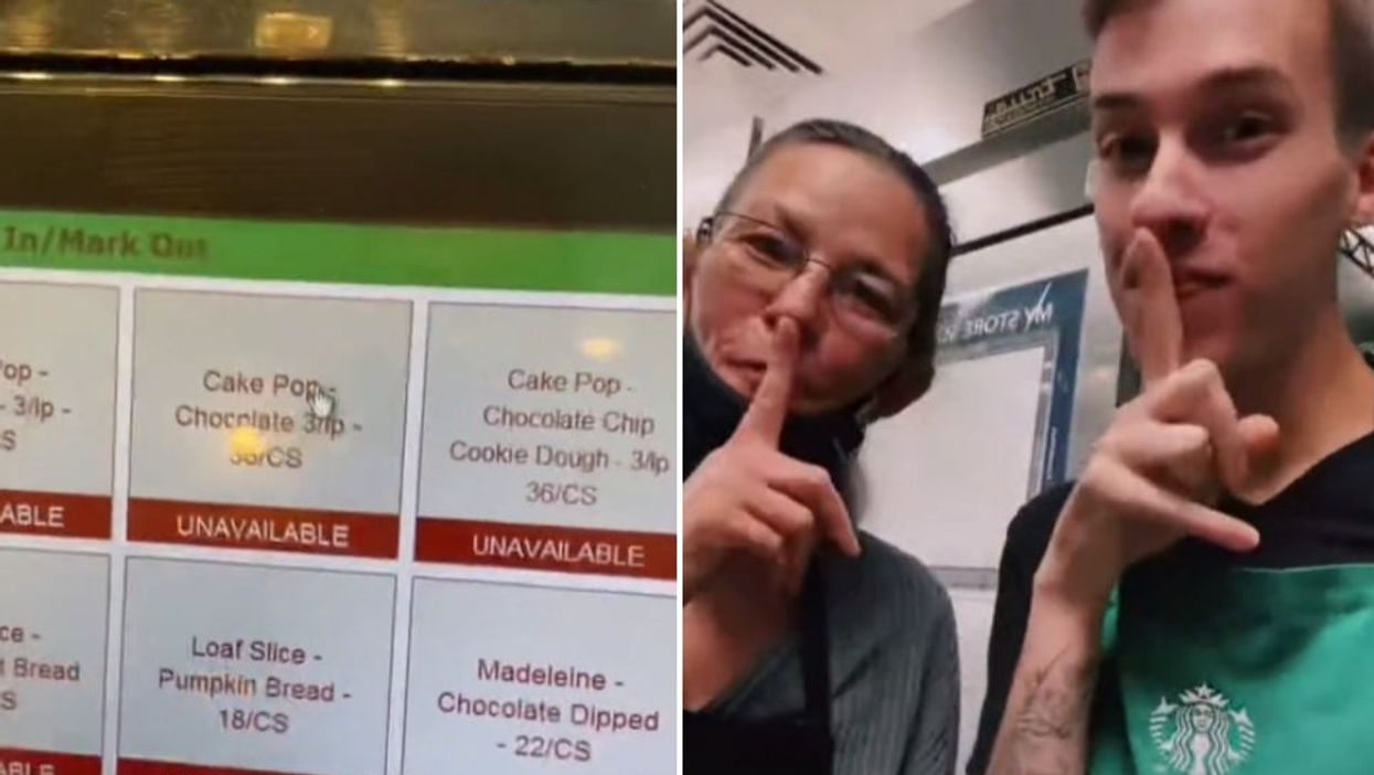 <p>(Left) The TikToker was pressing off the buttons (Right) He and his co-worker on the left  shushing</p>