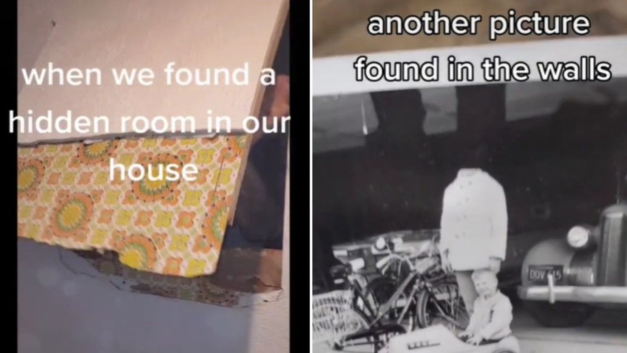 <p>(Left) The TikToker’s husband removing a panel to reveal the hidden room (Right) The creepy headless photo that was discovered in the rooms walls</p>