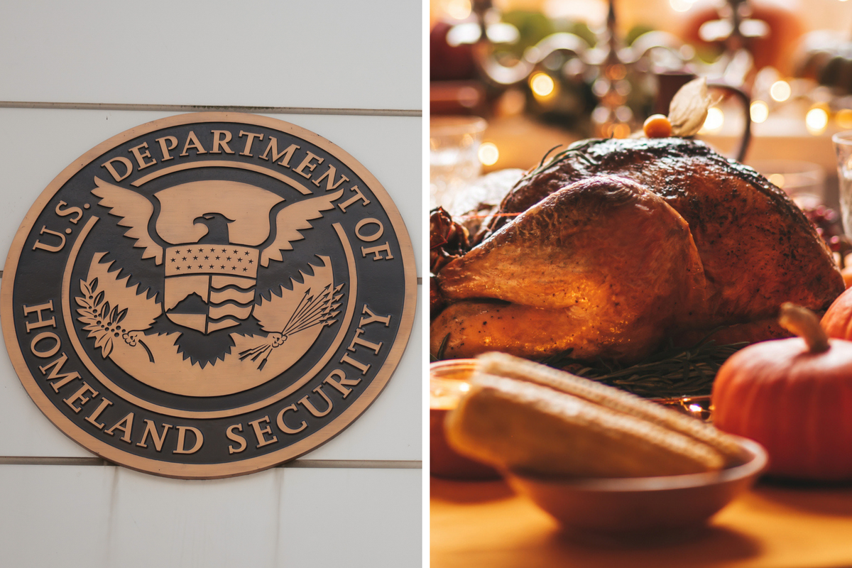 Left, the US Department of Homeland Security insignia on a building exterior. Right, roast turkey on a wooden table.
