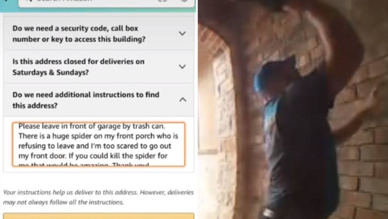 <p>(Left) TikToker Gwen’s note for the Amazon delivery driver (Right) The driver following Gwen’s request to kill the spider</p>
