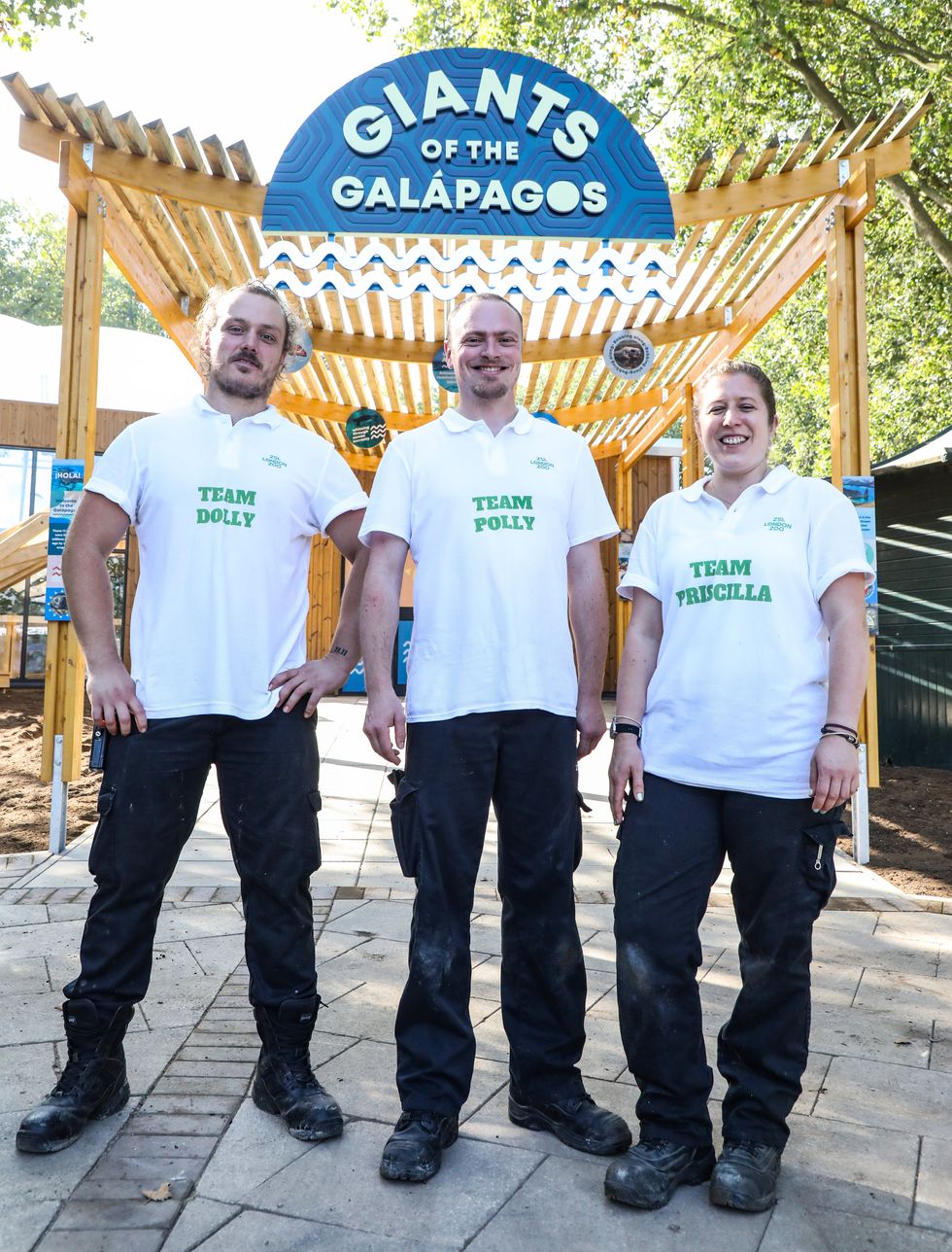 (Left to right) Joe Capon, Chris Michaels and Charli Ellis, who guided the tortoises to their new home (ZSL London Zoo/PA).