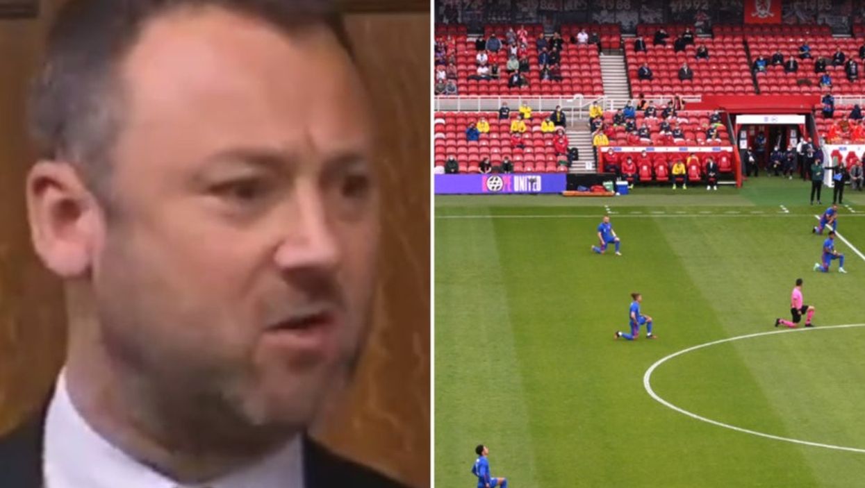 <p>(Left) Tory MP, Brendan Clarke-Smith (Right) England players taking the knee in their friendly against Romania on Sunday</p>