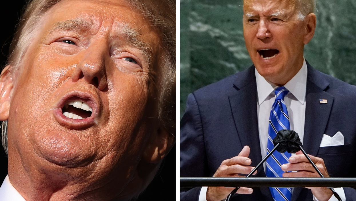 Left, Trump, a white man with blonde hair, speaking. Right, Biden, a white man with grey hair, in a suit and speaking behind a lectern.