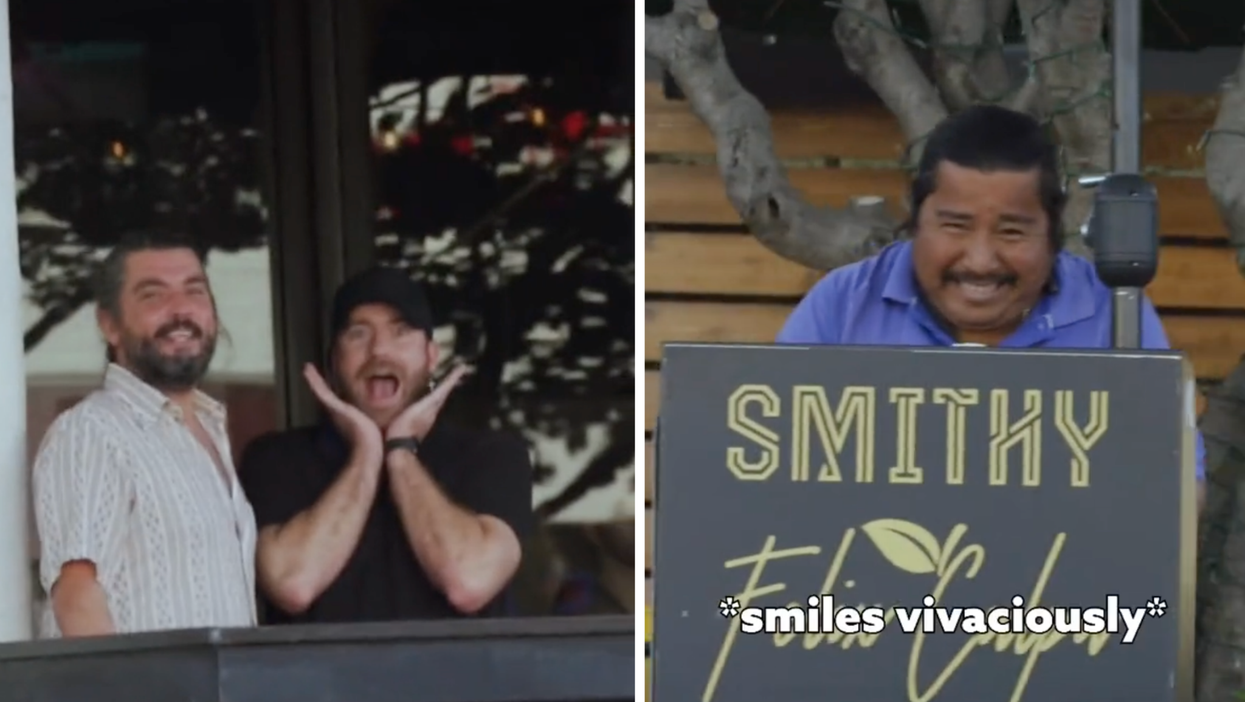 Left, two white men smile at the camera. The one on the right cups his head in his hands and smiles. Right, a Black street seller grins at the camera behind a billboard.